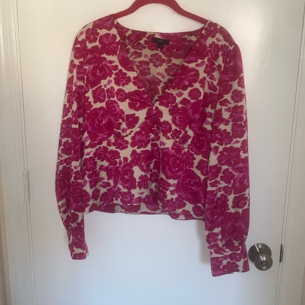 Size 14 J.Crew Floral Pink/fuschia blouse with covered buttons
